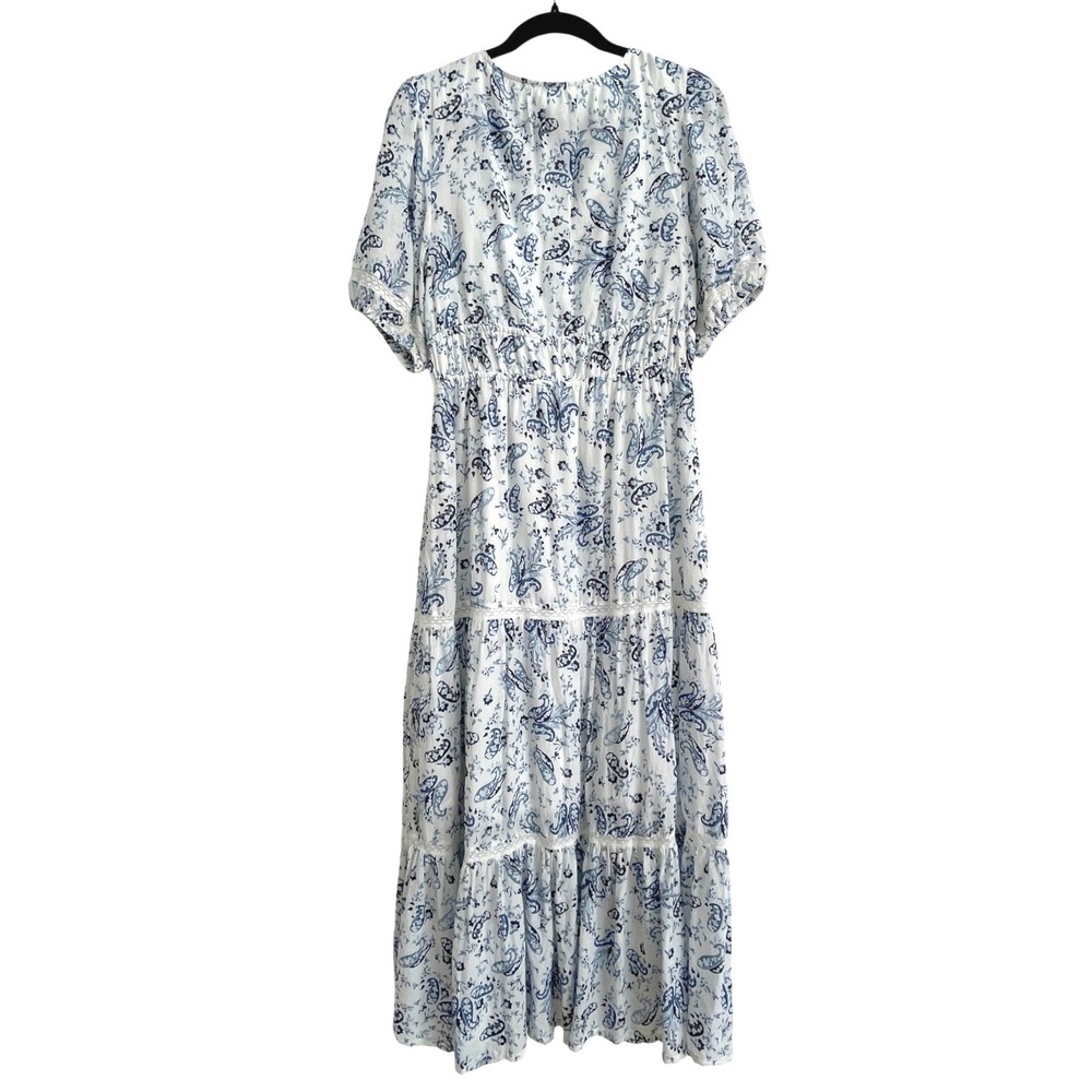 Lucky Brand Blue Paisley Tiered Maxi Dress White Cotton Blend Boho Lace Trim M - Picture 4 of 9